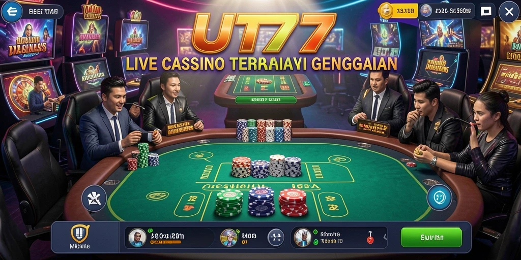 Screenshot gameplay UT77 yang menunjukkan dealer langsung dan suasana kasino yang mendebarkan.